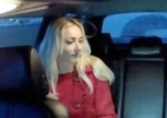 Taxi driver and a blonde with a nice pair of tits and a bald pussy