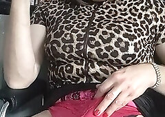 Mature tranny's cock gets hard in her red silky knickers