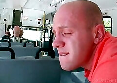White gay stud rides black pecker in bus