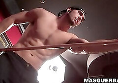 Muscular gay stud Chuck is playing pool and masturbating