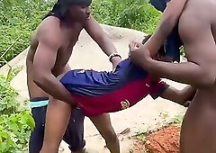 Two big daddies having risky outdoor sex with a young bottom