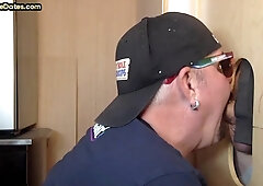 Gloryhole greedy amateur DILF sucks BFs rod through hole