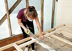 Juli Smith Meow works with different tools with wood, this babe gets sexy. THIS BABE DISROBES NOW!