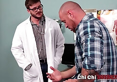 Doctor Michael Roman in glasses and uniform takes a patient bareback in the office