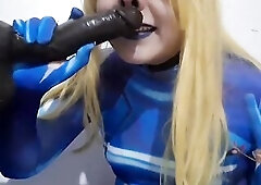 Cute Trans Samus with S&M Nosehook giving a Sloppy Oral-job to BBC Sex-toy, Deepthroat, Facial Bang and Eating Goo