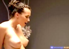 Sophia Grace hires naturally busty Stacy Cruz for an oily bodyrub in the Massage Rooms. Stacy begins the massage by working on Sophia's collarbon