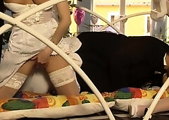 Anal loving blonde bride in stockings enjoys a deep pounding