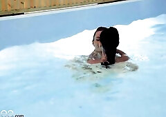 Lesbea Czech playgirl Lilly Bella lez fingering climax in sauna swimming pool