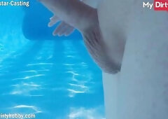 German amateur sweetheart with large melons and cunt piercings gets screwed underwater by three lustful old lads in an outdoor public swimming pool