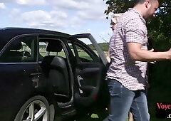 British voyeur babe in car watching guy jerks off outdo