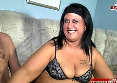 Voluptuous brunette German housewife indulges in steamy MMF threesome delights