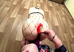 Lesbo with a hawt ass doggy style, as a mother i'd like to fuck with a large rubber rod bangs her curly snatch. POV. Homemade.