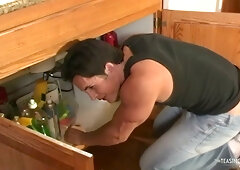 Marie Luv welcomes the plumber for urgent kitchen repairs and ends up on her knees