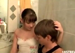 Horny teen couple is home alone and having steamy sex in the bathroom, all night