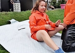 Jerking Off and sucking large schlong in greasy raincoat and rubber boots