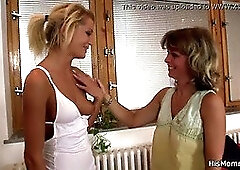 Lesbian mom licking his girl's young pussy