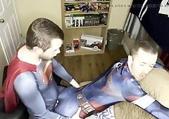 Superhero-themed twink cosplay: Superman unloads inside Captain America!