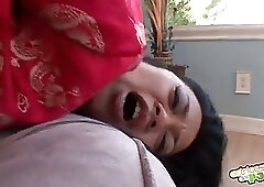 Asian beauty in red, satin outfit, Lucky Star is sucking dicks for a lot of money