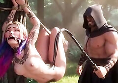 A hopeless curly feminist finds herself in constricted outdoor-style slavery, getting severely whipped by a dude. The leather whip cracks against her 