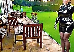 Golf Club Slut Shiny PVC Plastic Skirt High Heels Stocking Slut on The Club Patio