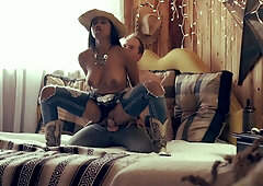 Jenna J Foxx gives head and gets fucked through the hole in her jeans