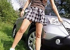 Car Wash Upskirt, No Panties - Public Flashing