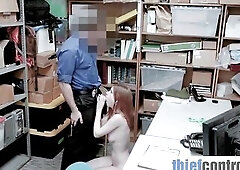 Slender Redhead Bent Over the Security Desk After Getting Busted Shoplifting