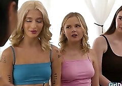 Three teens lick the milf to get the job