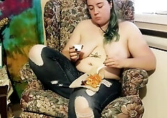 Chunky Floozy Stuffs Face With Dominos