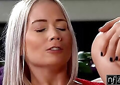 Hot blonde honey in erotic, red lingerie, Sharon White is moaning while having hardcore sex