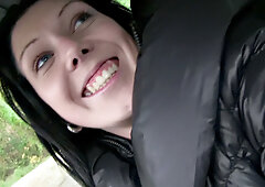 Tattooed brunette trades lift for quick fuck in public car action