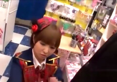 Giving Handjob On Her Knees Cum To Palm In The Sexshop