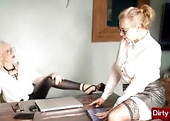 Gorgeous busty MILF invites her friend and her cuckold husband. While he is sitting on the chair he watches a horny dude licking his wife's delic