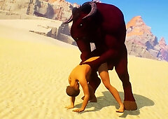 Hairy Monster pounds a sub whore in the sandy desert