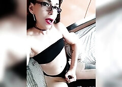 Trans gal wearing glasses masturbates