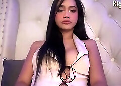 big tits brunette shemale hottie jerks off her nice cock on webcam