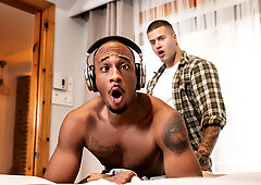 Black stud fucks pair of white men in gay threesome