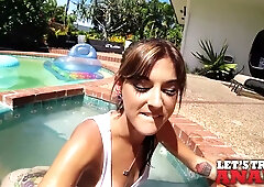 Dakota Vixin flaunts her tattooed curves in a wet tank top before going down on him poolside