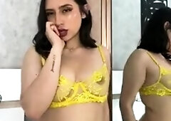 Brunette amateur babe strips off and masturbates