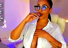 Busty curly brunette with big boobs fucks on couch