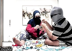 Gorgeous Muslim wife and Spouse Pair playing game