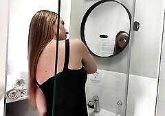 Round large butt sexy brunette hair chick in the bath prepares for a night out with a short petticoat