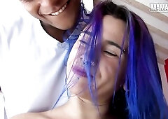 Curvy Inked Latin chick Gives Standing Oral-job... Can't Stop Gagging