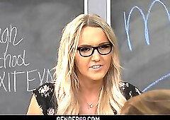 Blonde tranny teacher Kayleigh Coxx barebacked by student while jerking