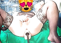 overweight sissy bitch in ebony nylons gets her climax and cums on the sex machine's rod and another time gets her cum in her white butt