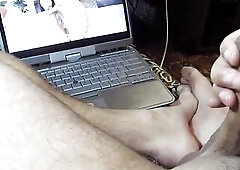 Tugjob penis watching porn and large spunk flow - Slow motion
