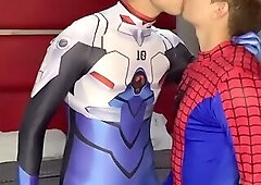 Spider-Man and an Avenger fool around in cosplay spandex fun