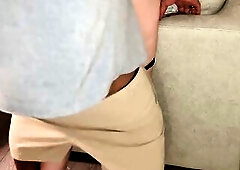 Bent over pants down summer suit up having my large clitoris teased until I get all moist and make a mess