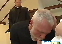 Middle aged guy and an old hunk have fun with younger dude