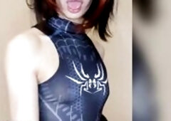 cosplay with spiderwoman like spider-universe. But below bodysuit I've surprise. I show my bodysuit and after that take my secret and stroking wi